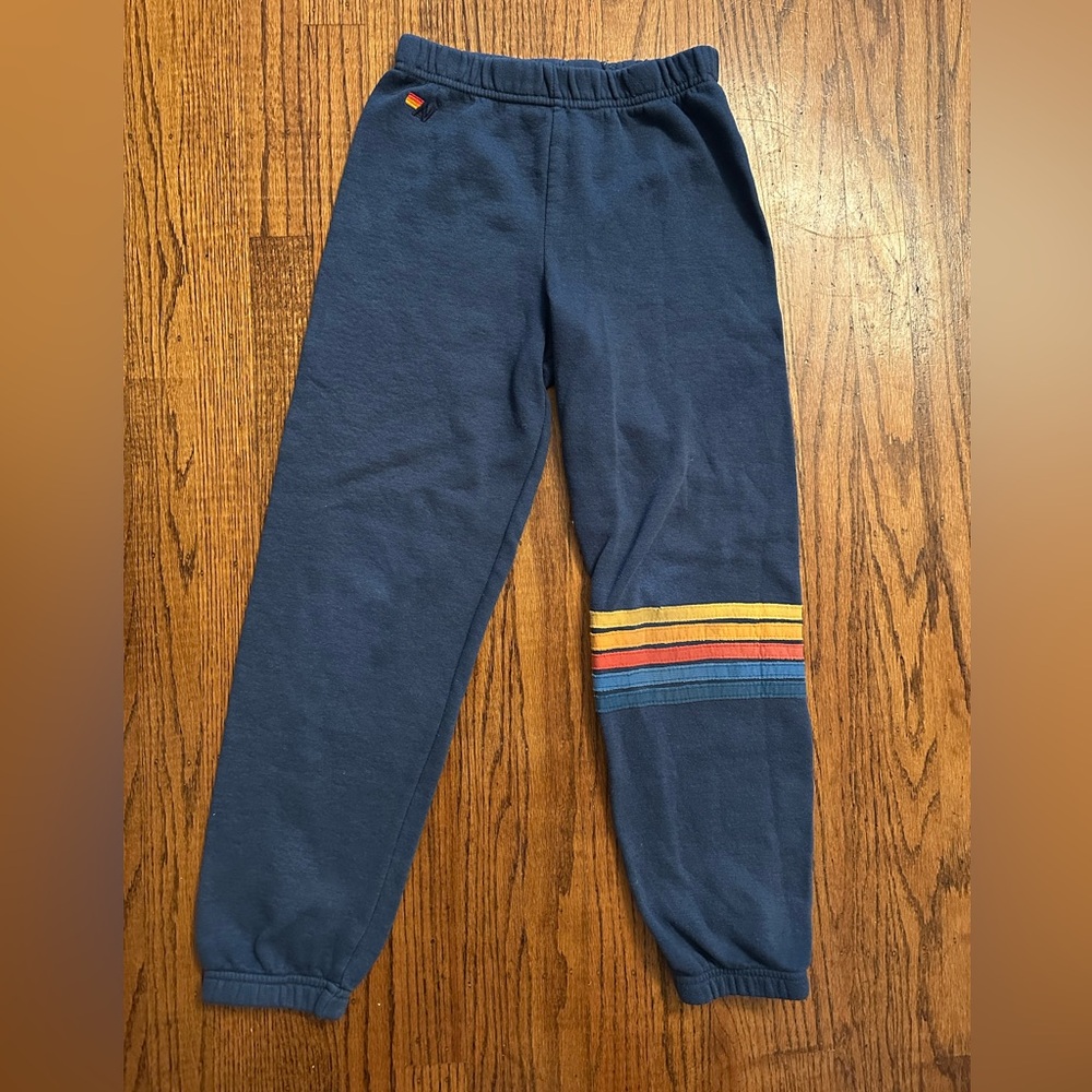 Aviator Nation Navy Joggers with Yellow Orange and Blue Stripes